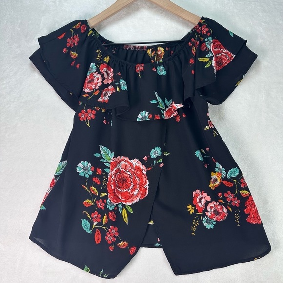 Xhilaration Black Floral Print Ruffle Neck Short Sleeve Off Shoulder Top Size Sm - Picture 11 of 11
